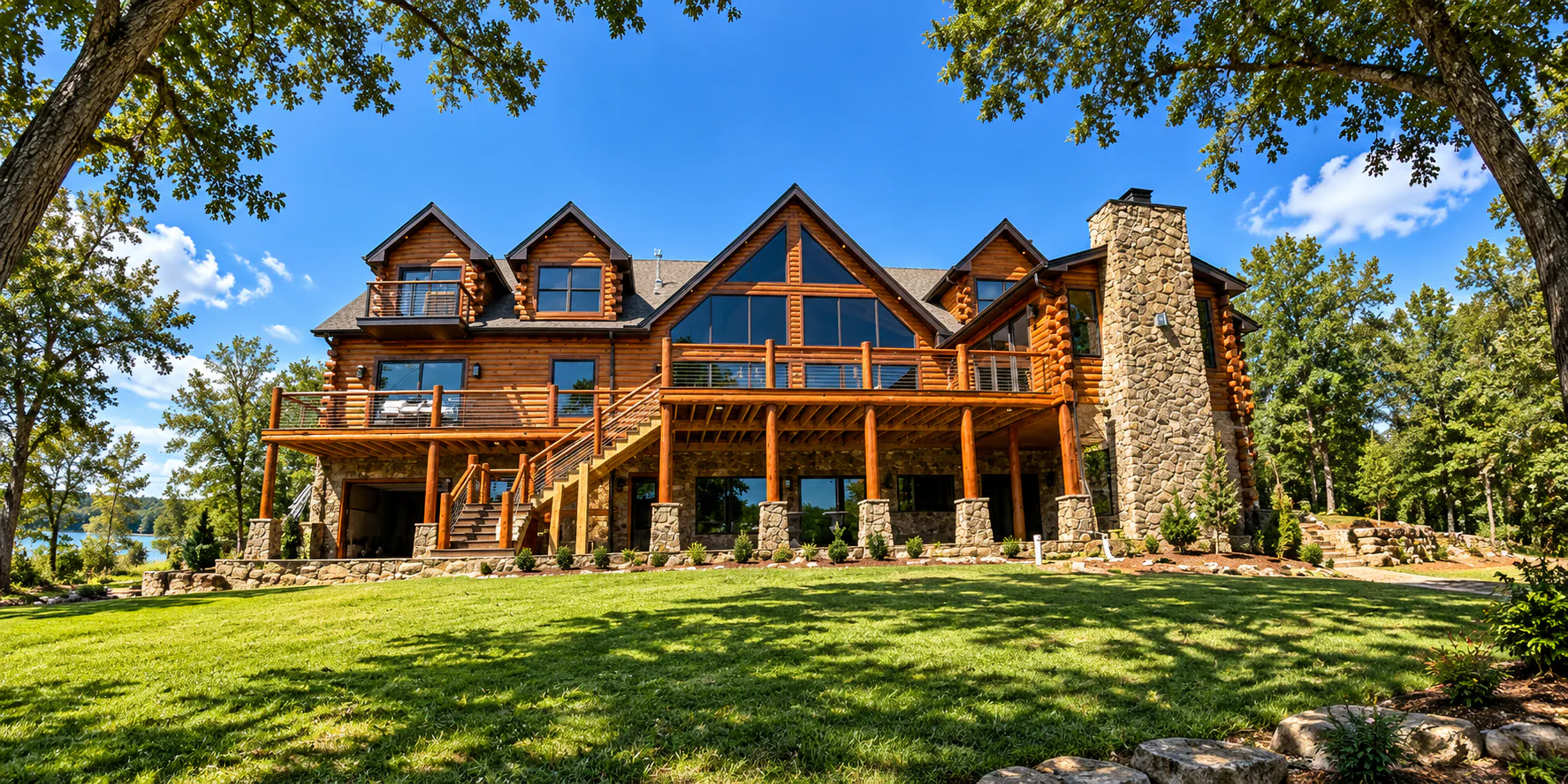 Completed stained log home surrounded by trees
