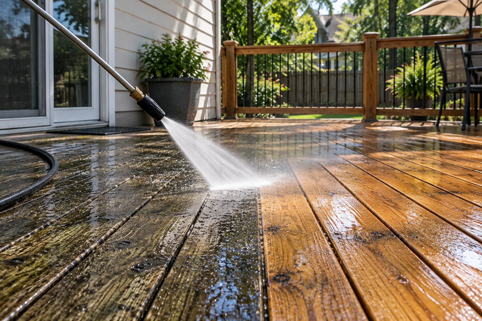 Pressure washing a residential wood deck